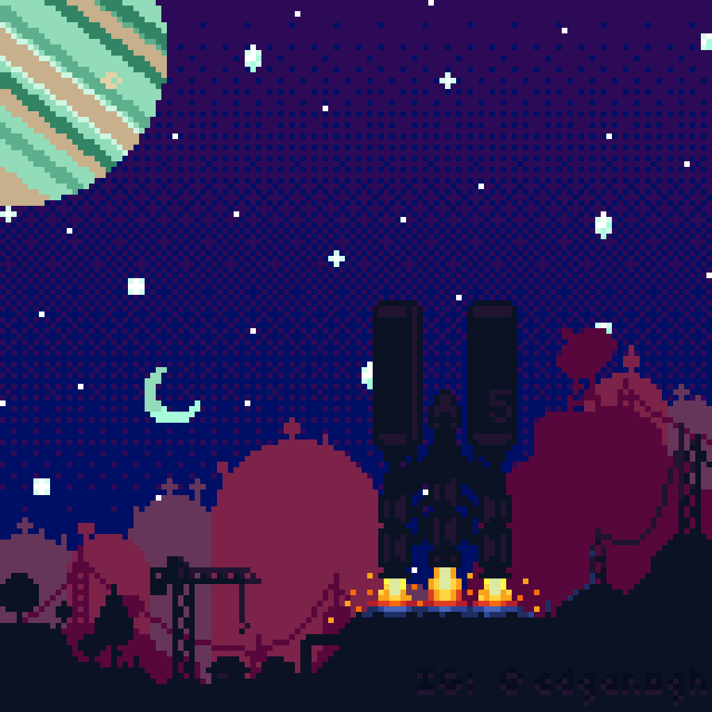 Pixel art drawing of a spaceship takeoff in the night, with a space background